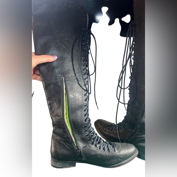 FREE PEOPLE X Faryl Robin RARE Caspian Black Over Knee Lace Up Boots Size 10 - Picture 8 of 14
